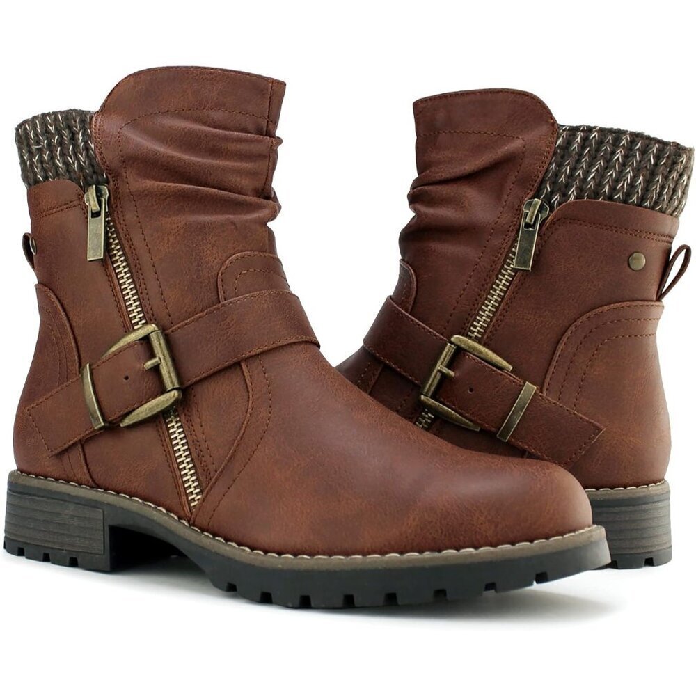 Women's Combat Brown Boots Side Zipper Closure Buckle Fashion Ankle Booties